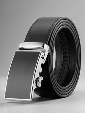 Men's Black Bonded Leather Ratchet Belt Silver Slide Buckle Adjustable 34-36